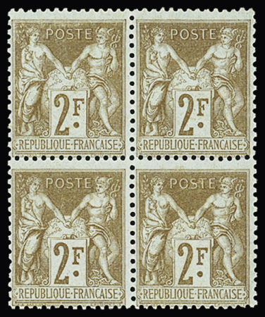 N°105 2 fr. bistre s.azuré, Type I, en bloc de 4