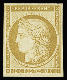 N° 1f 10c bistre clair, réimpression de 1862, neuf. Signé Calves