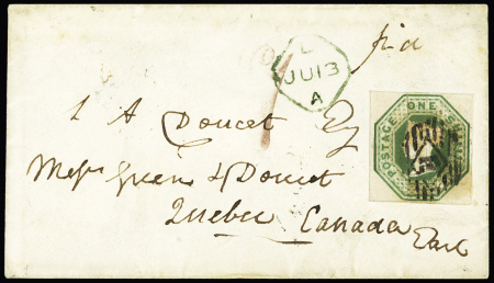 1847-54 1s green on cover to Canada, red "1d" postmarking,