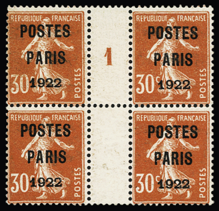 N° 32 30c rouge en bloc de 4 inter panneau avec millésime