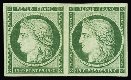 N° 2 15c vert en paire neuve avec sa gomme d'origine,