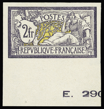 N° 122a 2F violet et jaune, NON DENTELE avec inscriptions