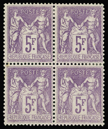 N°95 5f violet s. lilas en bloc de 4, neuf *,  infime