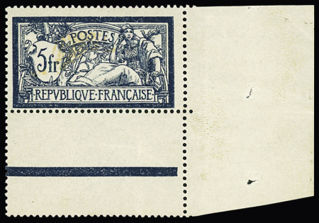 N° 123c 5F bleu et chamois, variété centre déplacé,