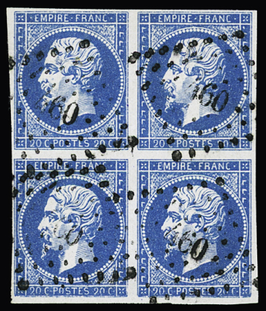 N° 14Ac 20c bleu sur azuré, Type I, en bloc de 4