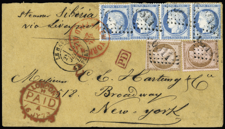N° 60A 25c bleu (4) et deux N°58 10c brun sur rose