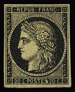 N° 3 20c noir, Essai avec fil de soie, GNO, TB