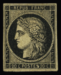 N° 3 20c noir, Essai avec fil de soie, GNO, TB