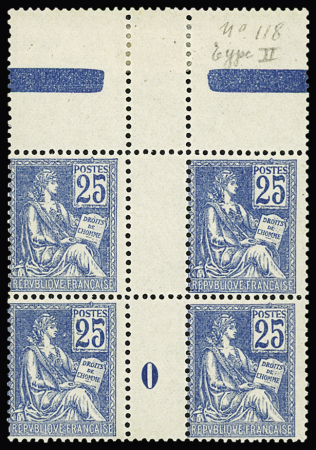 N° 118 25c bleu en bloc de 4 hdf millésime 0, très
