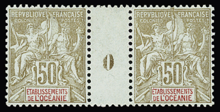N° 20 50c bistre s. azuré en paire millésime 0,