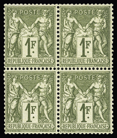 N° 72 1F bronze Type I, en bloc de 4, neuf sans charnière,