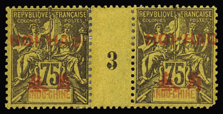 N° 44 75c violet s. jaune en paire millésime 3, B,