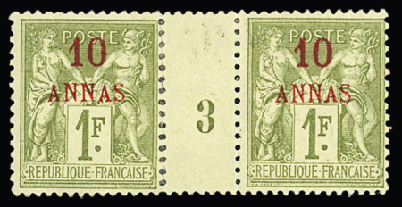 N° 10 10a s. 1F olive en paire millésime 3, TTB,