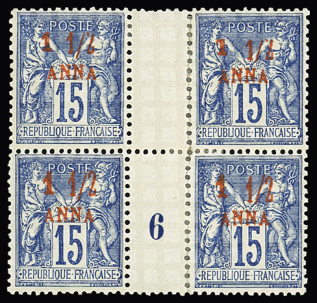 N° 3 1 1/2a s. 15c bleu en bloc de 4 millésime 6,
