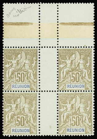 N° 51 50c bistre s. azuré, légende bleue, en bloc