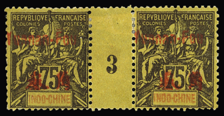 N° 28 75c violet s. jaune en paire millésime 3, aminci