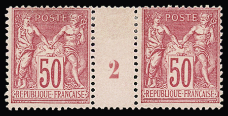 N° 98 50c rose Type II en paire millésime 2, charnière