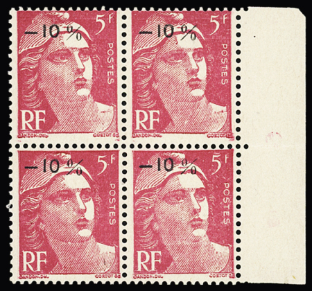 N° 719AA 5F rose surchargé -10% en bloc de 4 bdf,