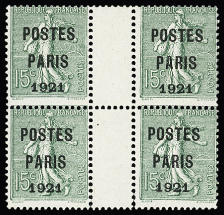 N° 28 15c vert-olive en bloc de 4 inter panneau, très
