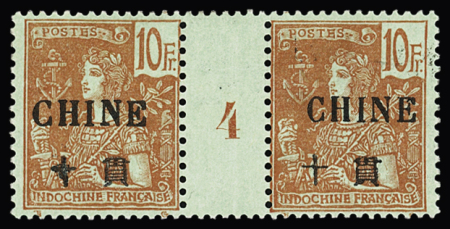 N° 38 10F rouge s. vert-bleu en paire millésime 4,