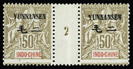 N° 12 50c bistre s. azuré en paire millésime 2,