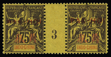 N° 13 75c violet s. jaune en paire millésime 3, TB,