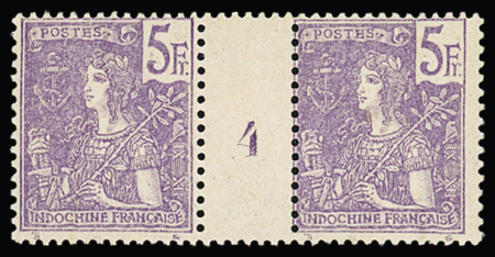 N° 5F violet en paire millésime 4, SUP, RR (Maury)