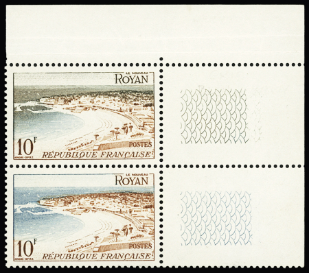 N° 978 10f. brun-rouge et bleu clair, variété de