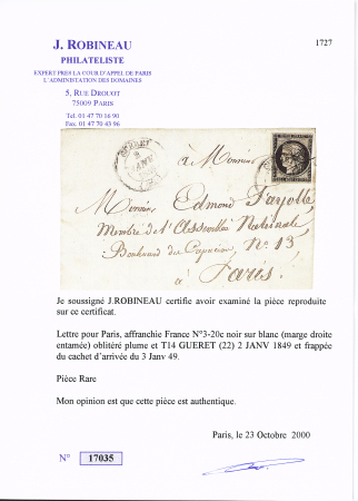 N° 3 (touché à droite) oblitéré plume et T14 Guéret
