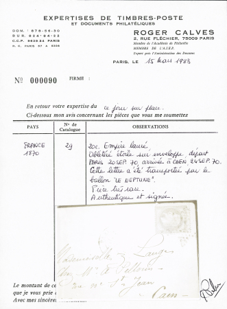 LE NEPTUNE Enveloppe avec texte daté Paris 20 septembre,