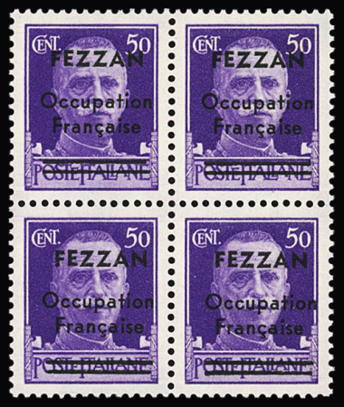 N° 1 50c violet en bloc de 4, TB. Signé Calves