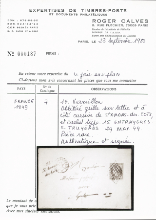 N°7 1 franc Vermillon, bien margé, oblitéré par deux