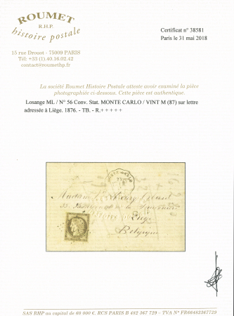 FRANCE N° 56 obl. losange ML sur lettre de Monaco