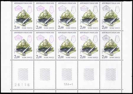 N° 2429 2F Marcassite, bloc de 10 bas de feuille présentant