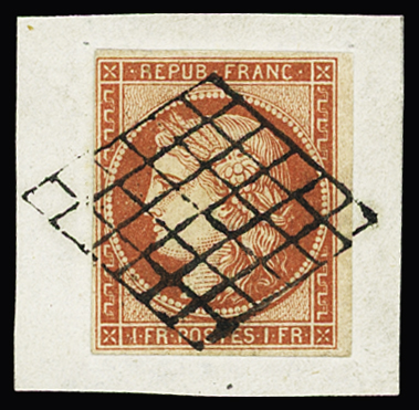 N° 7a 1F vermillon vif oblitération grille légère