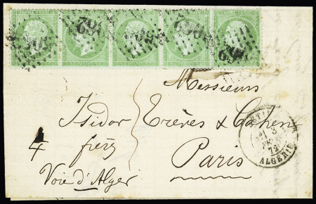 N°20, 5c vert sur bleu, bande de 5 OBL GC 5062 + C