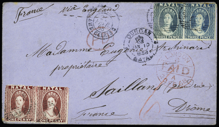 1868 Envelope to France franked by pair of 1861-62