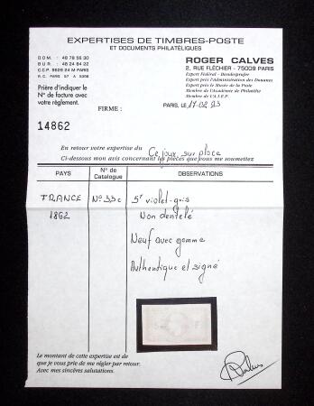N° 33c F violet-gris non dentelé, infime trace de