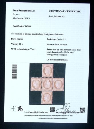 N° 58c 10c brun s. rose TETE-BECHE au milieu d'une