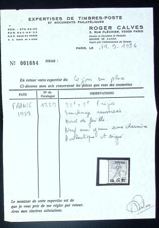 N°1229b SURCHARGE RENVERSEE +5F s. 25F Fréjus, bdf,