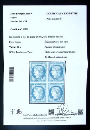 N° 8b 20c bleu sur azuré dit Astruc, bloc de 4, paire