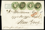 1847-54 Embossed 1s green in horizontal strip of three,