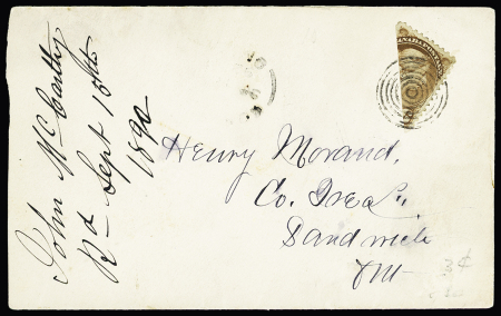 1870-90 6c Yellowish brown, BISECTED to make 3c, tied