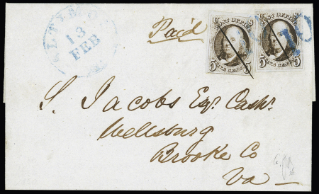 1847 5c Dark brown, two singles with clear to good