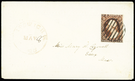 1851 3c Dull red, just touched at top, cancelled barred