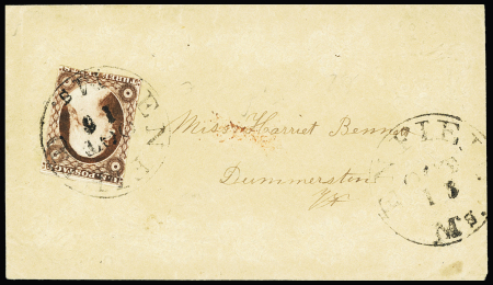 1851 3c Dull red, short at bottom, cancelled by ENFIELD