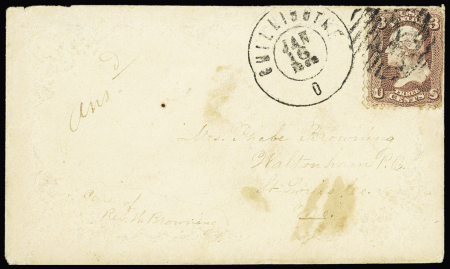 1857-61 3c Dull red, tied circle of bars pmk on VALENTINE'S