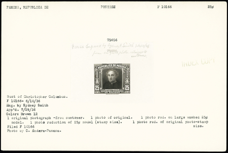 1936 Columbus 25c Black, die proof on India paper stuck