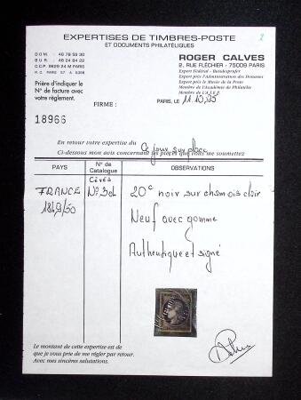 N° 3 20c noir, Essai avec fil de soie, GNO, TB