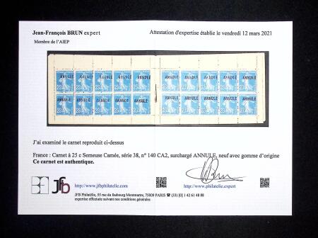 N° 140-CA2 Carnet C6 surchargé ANNULE, série 38,
